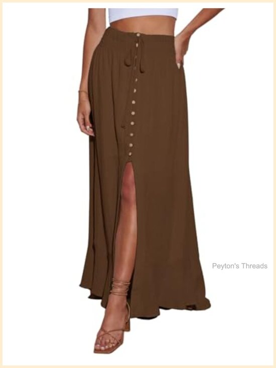 Dresses & Skirts - Women's Elastic Waist Button Down Maxi Skirt Casual Loose Flowy Swing Slit Front